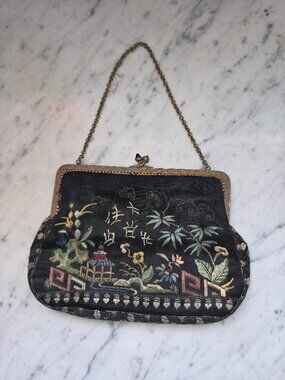 Vintage Asian Embroidered Silk Evening Purse Brass Frame Jeweled Clasp Chain